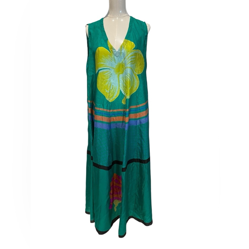 Anthropologie Anupamaa Maxi Green Sleeveless Dress Size: XL 100% Silk
